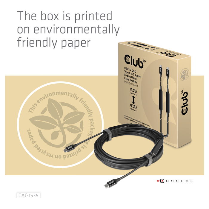 Club 3D Cable USB 3.2 Tipo C Activo 5 Metros (5m) Acero Inoxidable St/St para Carga y Datos Rápida