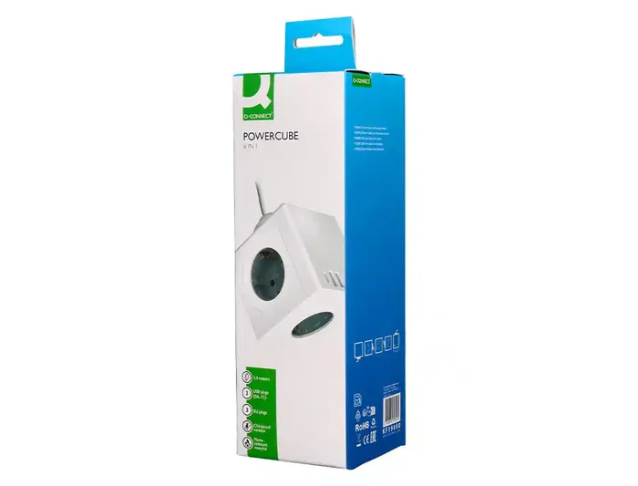 Q-connect Power Cube 6 en 1 - Regleta de enchufe múltiple con 3 tomas de corriente, 2 puertos USB, 1 puerto USB-C, cable 1.4m, 3680W, 250V, seguridad certificada CE ROHS