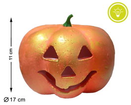 Calabaza Decorativa con Luz Interior para Halloween 17 cm Naranja y Oro, Ambiente Cálido y Festivo