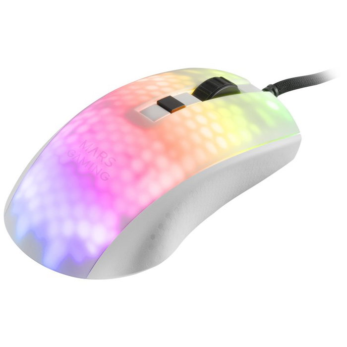 Mars Gaming MMR Ratón Gaming RGB Translúcido Blanco - Ultraligero 58g, Sensor Óptico A825PRO 12800 DPI, 6 Botones Programables, Cable Feather Paracord, para PC