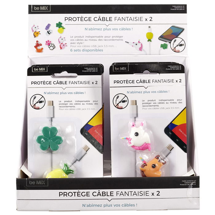 Be Mix Juego de 2 Protectores de Cable, Surtido 6 Modelos: Unicornios Marrón, Unicornios Rosa, Animales, Huellas Animal, Piña y Trébol, Cangrejos