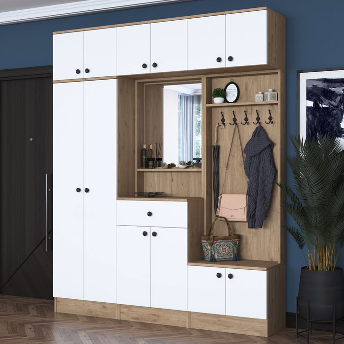 Hanah Home EA108 - 2428 Mueble Recibidor Blanco y Nogal Aglomerado Melamina 179.4 x 226.4 x 37.5 cm con Almacenamiento Estantes y Fijación Pared Hanah Home EA108 - 2428 Mueble Recibidor Blanco y Nogal Aglomerado Melamina 179.4 x 226.4 x 37.5 cm con Almacenamiento Estantes y Fijación Pared