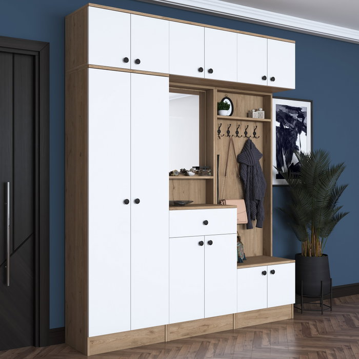 Hanah Home EA108 - 2428 Mueble Recibidor Blanco y Nogal Aglomerado Melamina 179.4 x 226.4 x 37.5 cm con Almacenamiento Estantes y Fijación Pared Hanah Home EA108 - 2428 Mueble Recibidor Blanco y Nogal Aglomerado Melamina 179.4 x 226.4 x 37.5 cm con Almacenamiento Estantes y Fijación Pared