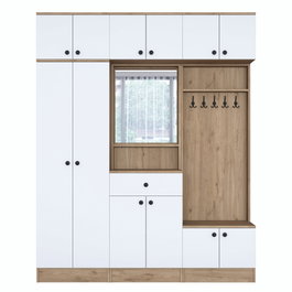 Hanah Home EA108 - 2428 Mueble Recibidor Blanco y Nogal Aglomerado Melamina 179.4 x 226.4 x 37.5 cm con Almacenamiento Estantes y Fijación Pared
