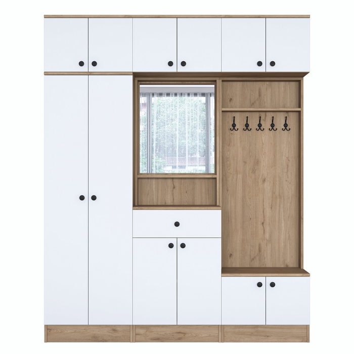 Hanah Home EA108 - 2428 Mueble Recibidor Blanco y Nogal Aglomerado Melamina 179.4 x 226.4 x 37.5 cm con Almacenamiento Estantes y Fijación Pared Hanah Home EA108 - 2428 Mueble Recibidor Blanco y Nogal Aglomerado Melamina 179.4 x 226.4 x 37.5 cm con Almacenamiento Estantes y Fijación Pared