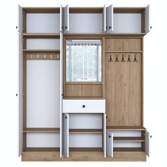Hanah Home EA108 - 2428 Mueble Recibidor Blanco y Nogal Aglomerado Melamina 179.4 x 226.4 x 37.5 cm con Almacenamiento Estantes y Fijación Pared Hanah Home EA108 - 2428 Mueble Recibidor Blanco y Nogal Aglomerado Melamina 179.4 x 226.4 x 37.5 cm con Almacenamiento Estantes y Fijación Pared