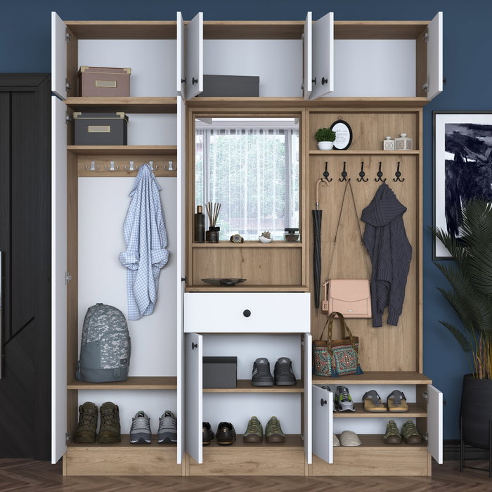 Hanah Home EA108 - 2428 Mueble Recibidor Blanco y Nogal Aglomerado Melamina 179.4 x 226.4 x 37.5 cm con Almacenamiento Estantes y Fijación Pared Hanah Home EA108 - 2428 Mueble Recibidor Blanco y Nogal Aglomerado Melamina 179.4 x 226.4 x 37.5 cm con Almacenamiento Estantes y Fijación Pared