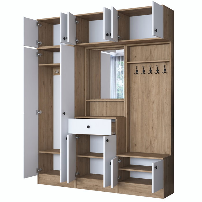 Hanah Home EA108 - 2428 Mueble Recibidor Blanco y Nogal Aglomerado Melamina 179.4 x 226.4 x 37.5 cm con Almacenamiento Estantes y Fijación Pared Hanah Home EA108 - 2428 Mueble Recibidor Blanco y Nogal Aglomerado Melamina 179.4 x 226.4 x 37.5 cm con Almacenamiento Estantes y Fijación Pared
