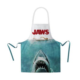 Jaws - Delantal temático Tiburón blanco, diseño del póster original de la película, material 100% poliéster, para cocina o barbacoa, incluye packaging de cartón