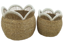 DKD Home Decor Set de 2 Cestas de Seagrass y Yute 45x45x38 cm Natural/Blanco