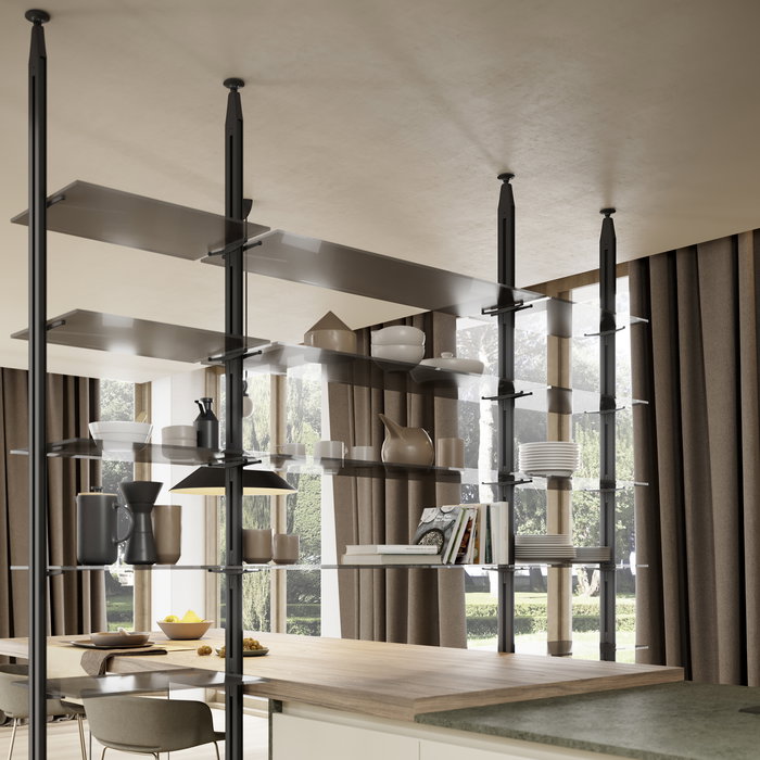 Emuca Lote de soportes para 5 estantes de cristal para la estructura Zero, cristales no incluidos, Zamak, Pintado color negro texturizado