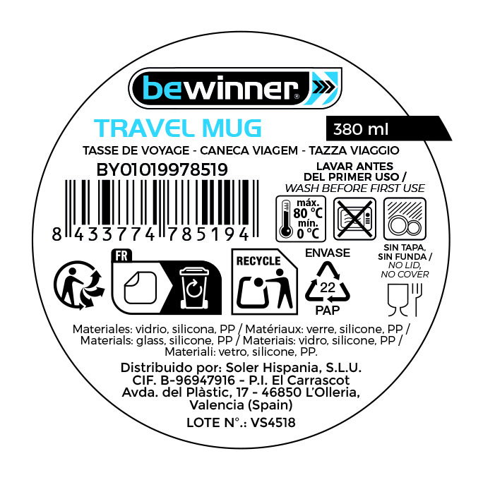 Bewinner Travel Mug Vidrio/Silicona 380 ml 8.5 x 8.5 x 13 cm (24 Unidades)