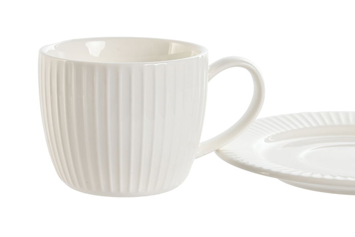 DKD Home Decor Set de Taza y Plato de Porcelana Blanca Carve Loving 24