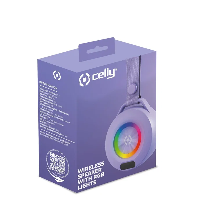 Celly Lightbeatvl Altavoz Portátil Bluetooth Monofónico con Luz LED, Batería 5h, 5W, Carga USB-C, Violeta