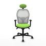 Silla de oficina Jorquera con mecanismo Sincro tapizada con Tela color Pistacho y malla color Blanco. Equipada con lumbar 1D, Brazos 1D, Cabecero Fijo y Ruedas 65mm nailon
