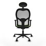 Silla de oficina Jorquera con mecanismo Sincro tapizada con Tela color Pistacho y malla color Blanco. Equipada con lumbar 1D, Brazos 1D, Cabecero Fijo y Ruedas 65mm nailon