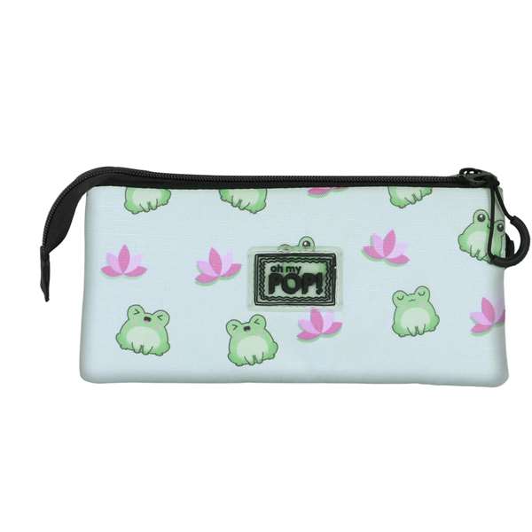 Oh My Pop! Froggy Estuche Portatodo Triple 23 x8 x11 cm, 3 compartimentos, Cierre cremallera