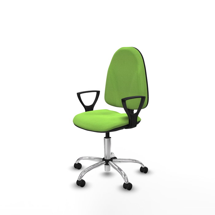 Silla de oficina Algarra con mecanismo Contacto permanente básico tapizada con Tela color Pistacho. Equipada con Base cromada, Brazos fijos y Ruedas de parqué