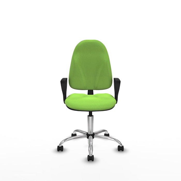 Silla de oficina Algarra con mecanismo Contacto permanente básico tapizada con Tela color Pistacho. Equipada con Base cromada, Brazos fijos y Ruedas de parqué