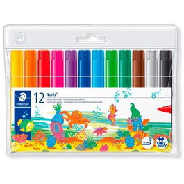 Staedtler Noris Club - Rotuladores gruesos escolares, punta redonda 3 mm, lavables, base agua, colores surtidos, estuche de 12 unidades
