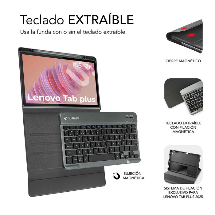 Subblim Keytab Pro BT Funda con Teclado para Lenovo Tab Plus 11.5 pulg 2025, Negra