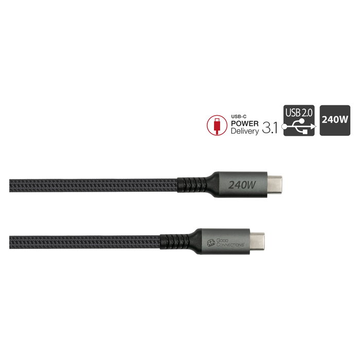 GoodConnections Cable USB-C 2.0 ST-ST 0,5m Textil Trenzado 240W Carga Rápida Negro