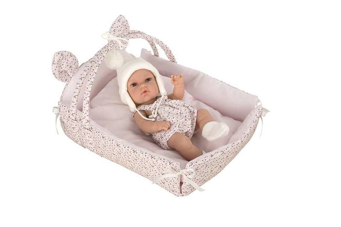 Muñeca elegance natal 33 cm con cuerpo de vinilo y cuna (medida cuna 26x37x24 cm)
