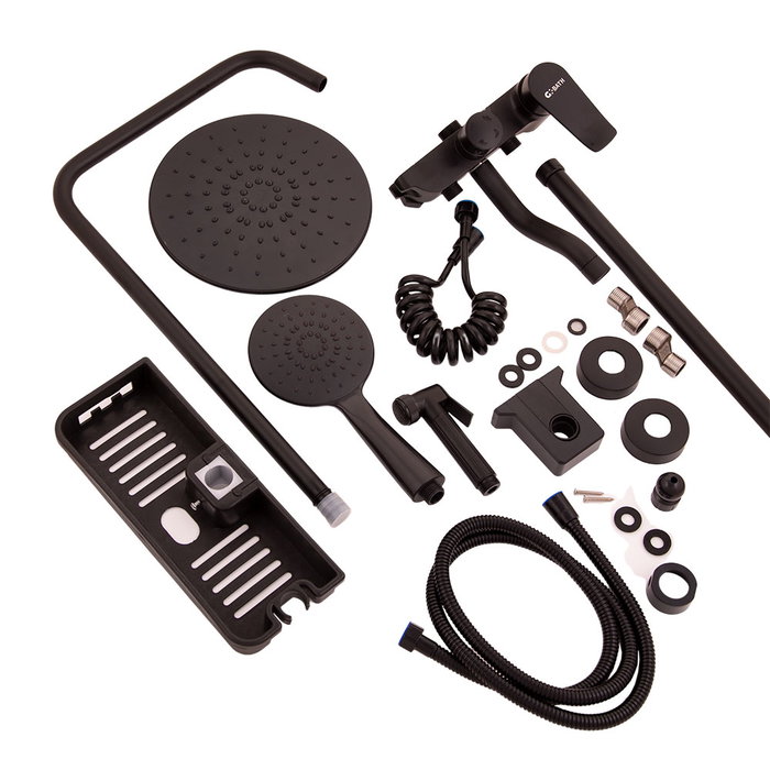 Conjunto de ducha monomando en negro con acabado en latón y zinc Conjunto de ducha monomando en negro con acabado en latón y zinc