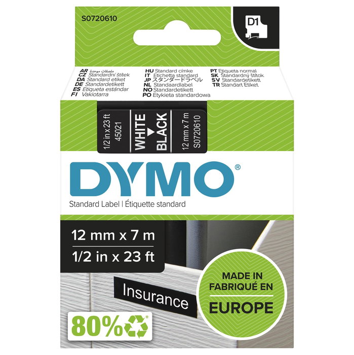 Dymo Cinta D1 12mm x 7m Blanco sobre negro