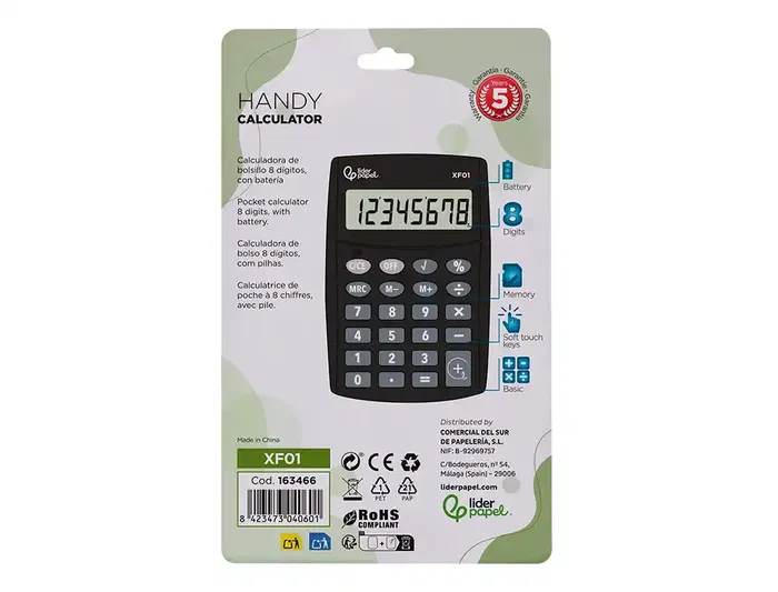 Liderpapel Calculadora de Bolsillo xf01 8 Dígitos Pilas Color Negro 99x64x9 mm