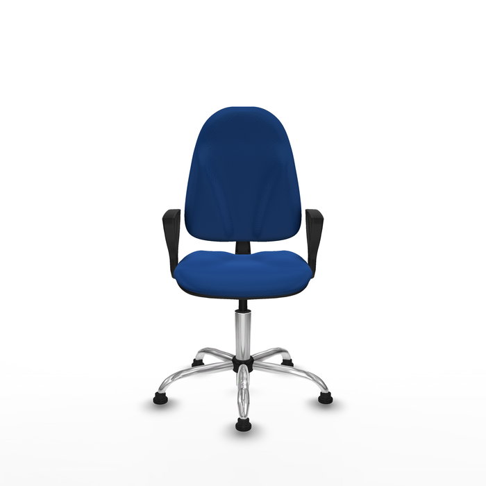 Silla de oficina Algarra con mecanismo Contacto permanente básico tapizada con Similpiel color Azul. Equipada con Base cromada, Brazos fijosy Topes