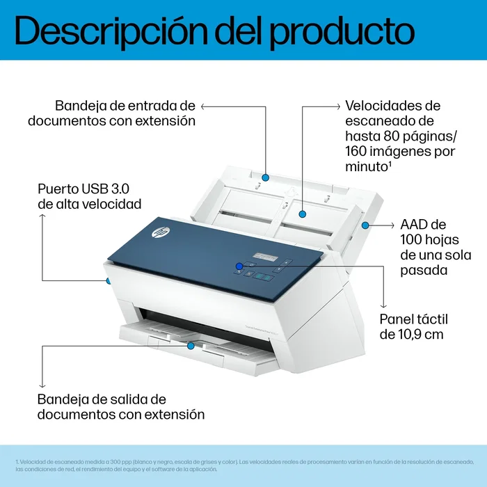 HP ScanJet Enterprise Flow 9000 s1 Escáner alimentado con hojas A3 hasta 600 x 600 DPI 80 ppm/160 ipm ADF 100 páginas Azul y Blanco