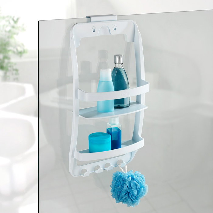 Wenko Estante de baño colgante universal, blanco, con 2 cestas y 4 ganchos, fijación polivalente, plástico, 26 x 11.5 x 50 cm