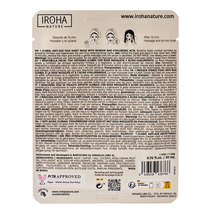 Iroha ROSA MOSQUETA mascarilla facial tisú 1 u - Tratamiento Antiedad Antiarrugas con Ácido Hialurónico y Rosa Mosqueta Iroha ROSA MOSQUETA mascarilla facial tisú 1 u - Tratamiento Antiedad Antiarrugas con Ácido Hialurónico y Rosa Mosqueta