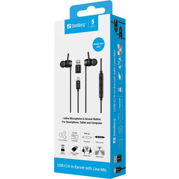 Sandberg Auriculares In-Earset USB-C/A con Micrófono Integrado Sandberg Auriculares In-Earset USB-C/A con Micrófono Integrado