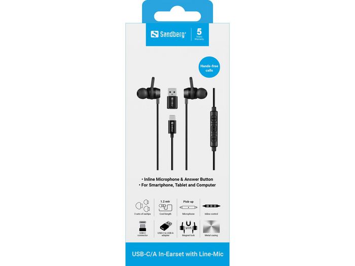 Sandberg Auriculares In-Earset USB-C/A con Micrófono Integrado Sandberg Auriculares In-Earset USB-C/A con Micrófono Integrado