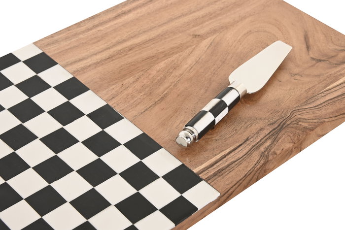 DKD Home Decor Tabla Cortar Moderno Blanco Negro Acacia Inox Resina Set de 4 Piezas 38 x 1.5 x 20 cm