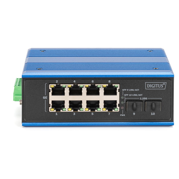 Digitus Switch Ethernet Industrial Gigabit PoE de 8+2 Puertos, No Administrado, 10/100/1000Mbps, Montaje en Carril DIN, IP40