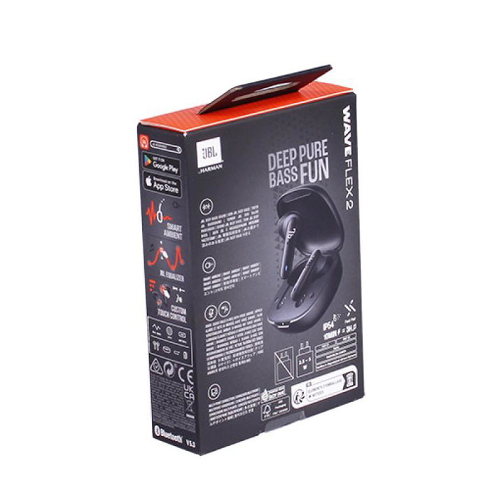 JBL Wave Flex 2 Auriculares Bluetooth Inalámbricos con Estuche de Carga, Sonido Pure Bass, Autonomía 40h, IP54, Negros, Modelo JBLWFLEX2BLK