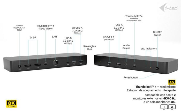 i-tec Thunderbolt 4 Intelligent Dual Display Docking Station 11 en 1 + PD 90W 40 Gbps 8K 2x 4K USB-C Docking