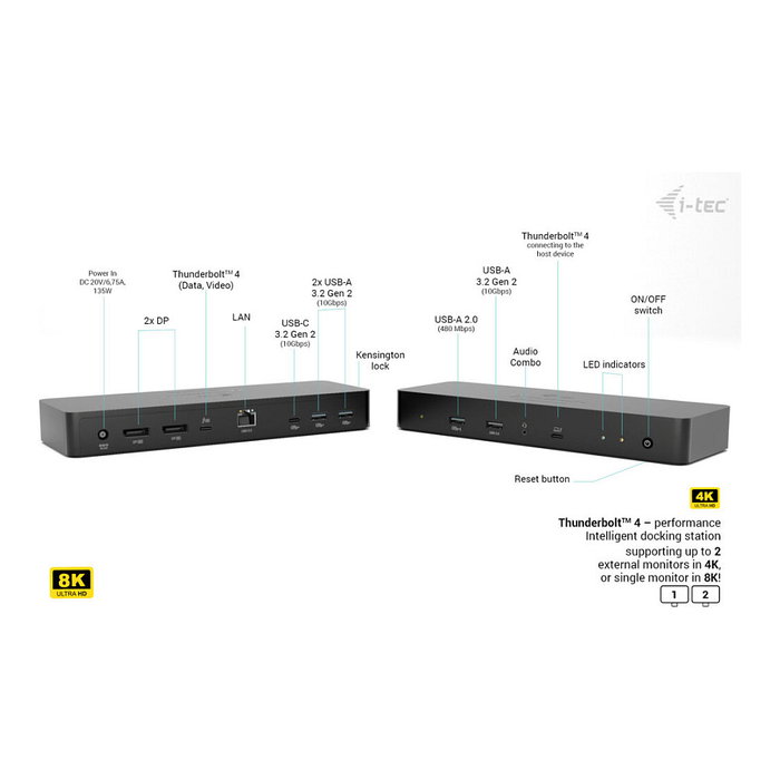 I-Tec Docking Station Thunderbolt 4 Intelligent Dual Display DS - Puerto TB4, 2x DP, LAN, USB-C, 3x USB-A, Audio, PD 90W - Negro
