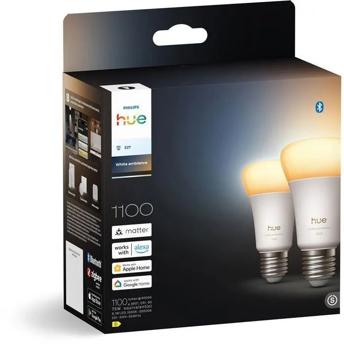 Philips Hue Pack de 2 Bombillas LED A60 Conectadas, Casquillo E27, 8.1W, Luz Blanca Cálida 1000-2000K, 1100 Lúmenes - AABUO37061 Philips Hue Pack de 2 Bombillas LED A60 Conectadas, Casquillo E27, 8.1W, Luz Blanca Cálida 1000-2000K, 1100 Lúmenes - AABUO37061
