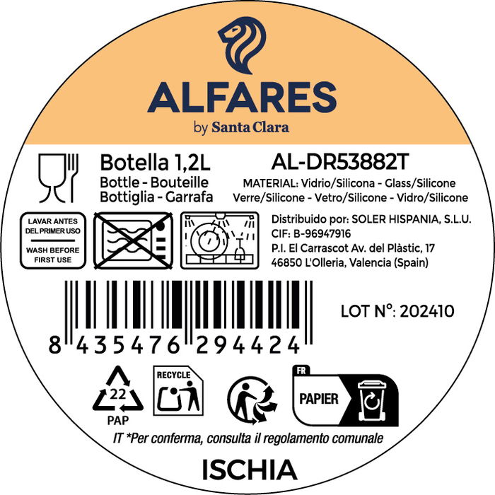 LAV Botella Decantadora Ischia 1.2 L con Grifo, Modelo Fon886.2102Pk., Dimensiones: 7 x 9 x 26 cm (6 Unidades)