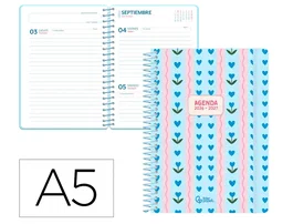 Liderpapel Fantasy Agenda Escolar 26-27 Espiral A5 Día Página Bilingüe Tapa Dura Papel FSC 80g con Gomilla y Pegatinas Azul Corazones