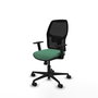 Silla de oficina Alfera con mecanismo Sincro tapizada con Tela color Verde esmeralda y malla color Negro. Equipada con lumbar 1D, Brazos 1D y Ruedas 65mm nailon