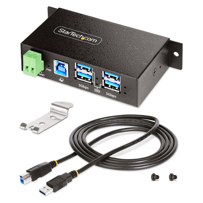 StarTech Hub USB Industrial Gestionado 4 Puertos USB 3.2 Gen 1 5Gbps, Caja Metal Montaje DIN/Pared/Escritorio, Protección ESD/Sobretensión, Negro