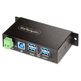 StarTech Hub USB Industrial Gestionado 4 Puertos USB 3.2 Gen 1 5Gbps, Caja Metal Montaje DIN/Pared/Escritorio, Protección ESD/Sobretensión, Negro