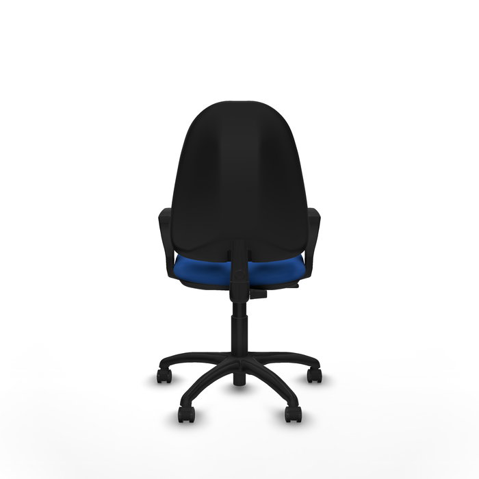 Silla de oficina Algarra con mecanismo Contacto permanente básico tapizada con Similpiel color Azul. Equipada con Base poliamida negra, Brazos fijos y Ruedas autofrenantes