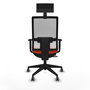 Silla de oficina Horna con mecanismo Sincro/Traslack tapizada con Tela color Naranja oscuro y malla color Blanco. Equipada con lumbar 1D, Brazos 1D, Cabecero Fijo y Ruedas 65 mm parqué