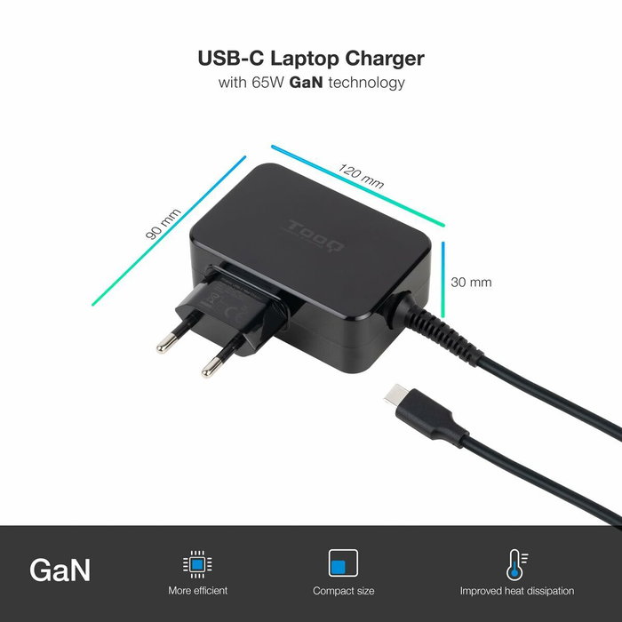 TooQ Cargador GaN 65W USB-C PD TQLC-USBCGAN65PD Negro